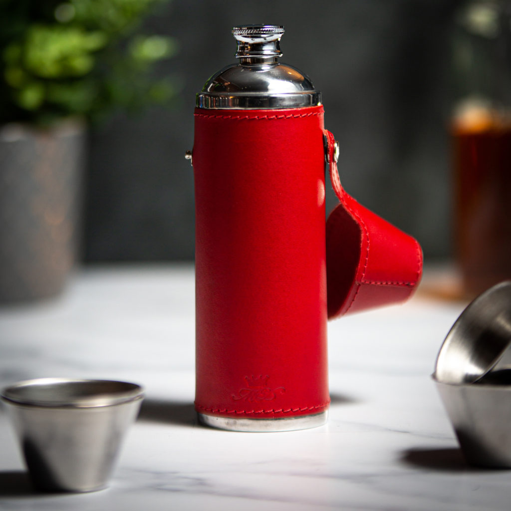 Handmade Leather 10oz Hunter Flask, Red Squared - Marlborough Of England