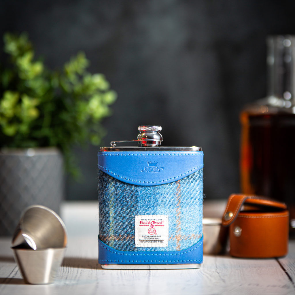 Handmade Leather 6oz Harris Tweed Hip Flask, Blue Squared - Marlborough Of England